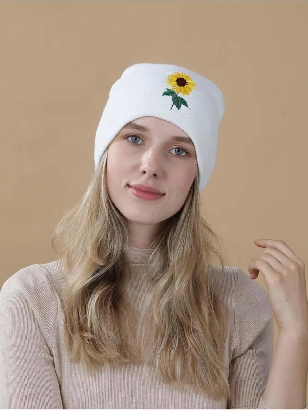 White Sunflower Knit Beanie - Women's Hat